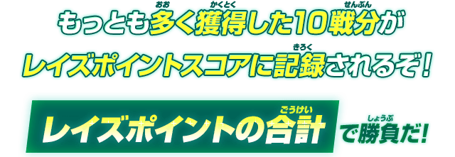 もっとも多く獲得した10戦分がレイズポイントスコアに記録されるぞ!レイズポイントの合計で勝負だ!