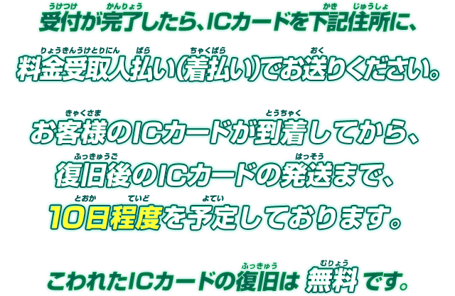 受付が完了したら、ICカードを下記住所に、料金受取人払い（着払い）でお送りください。