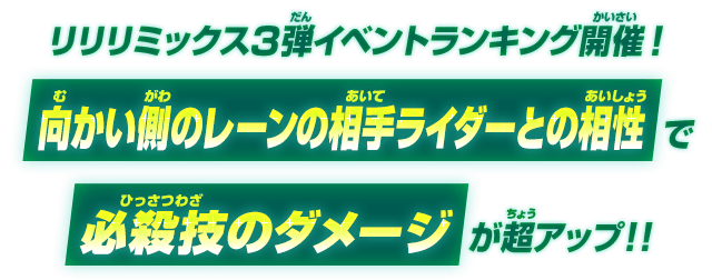 リリリミックス3弾イベントランキング開催！向かい側のレーンの相手ライダーとの相性で必殺技のダメージが超アップ！！